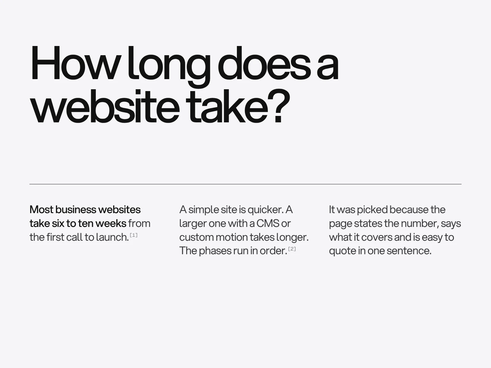 A search question, how long does a website take, with a short answer in three columns and a note that two pages were cited