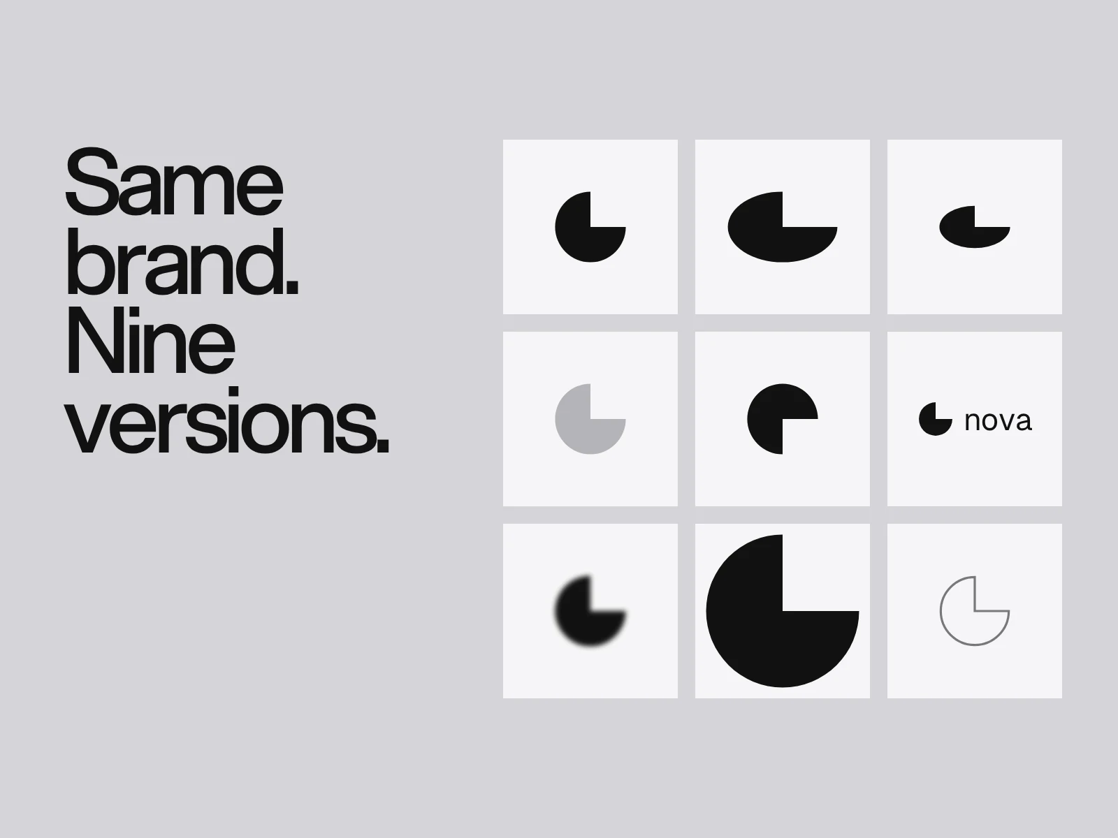 A large headline reading Same brand. Nine versions. beside a grid of nine tiles, each showing the same logo stretched, squeezed, blurred, recoloured or cramped