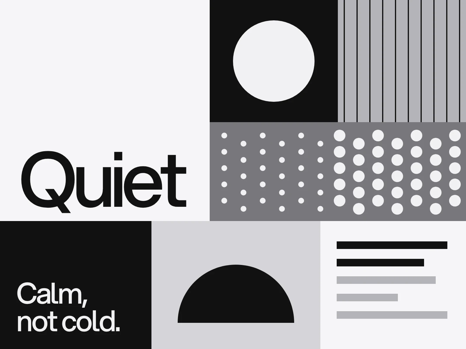 A moodboard of flat tiles: a large letterform, a black circle, a line pattern, a dot grid, a grey field and a single word