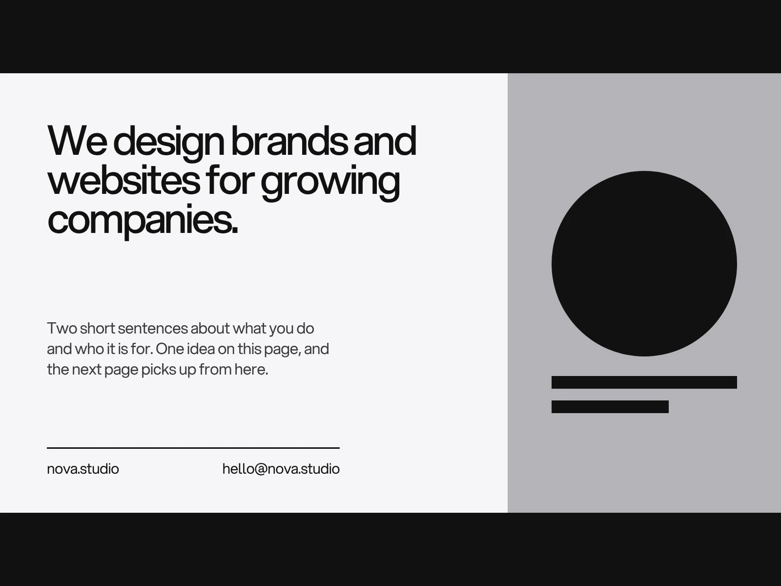 A landscape profile page with a headline that states the point, two short sentences, a picture and the company's website and email at the foot.