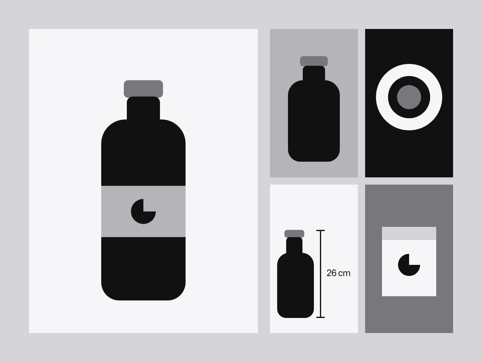 Five views of one bottle on a grey ground: a large front view and four smaller tiles showing the side, the cap, the bottle at scale and the box
