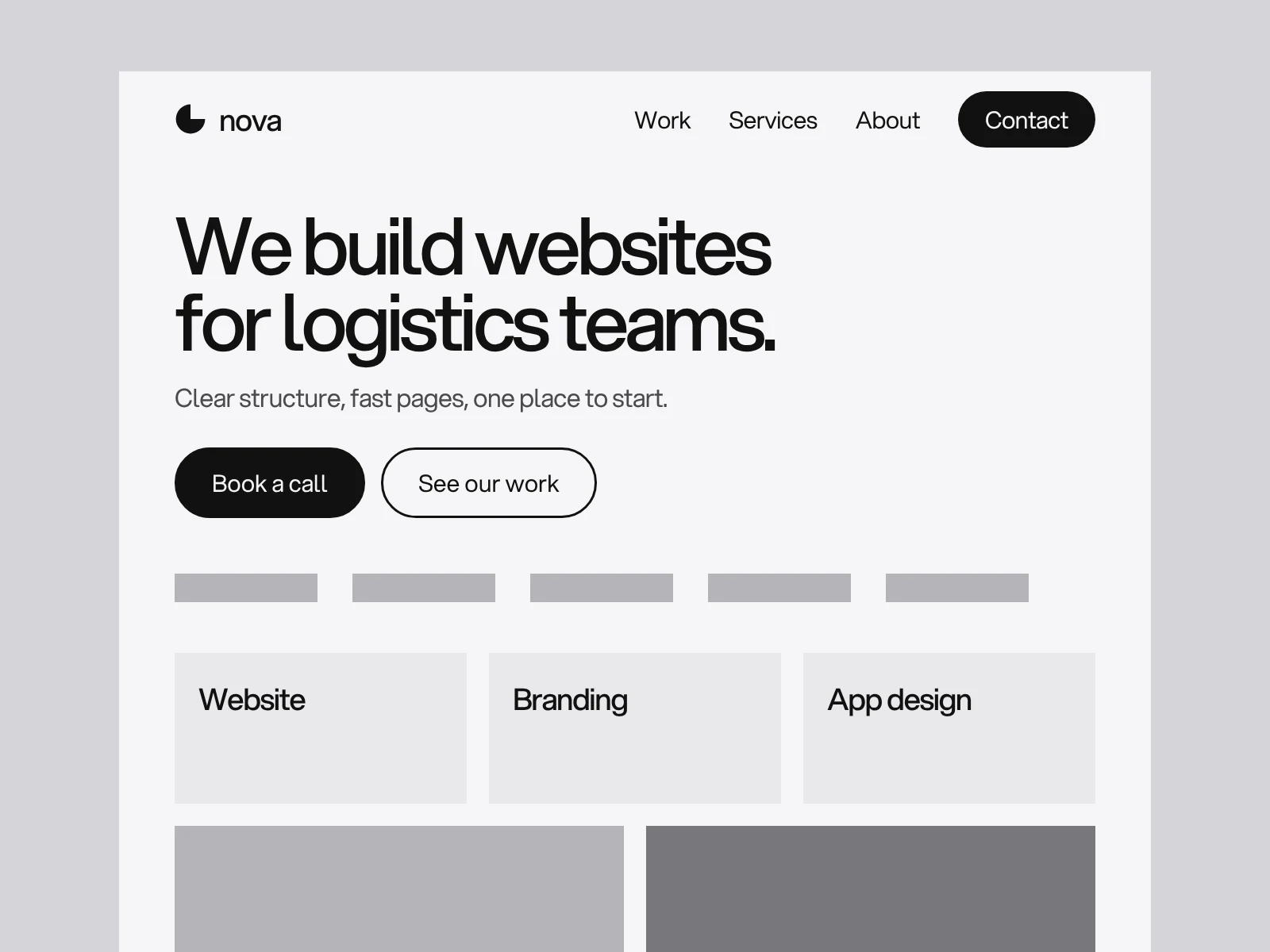 A homepage drawn as sections from the first screen down: navigation, headline and button, a row of logos, three service cards and two project images.