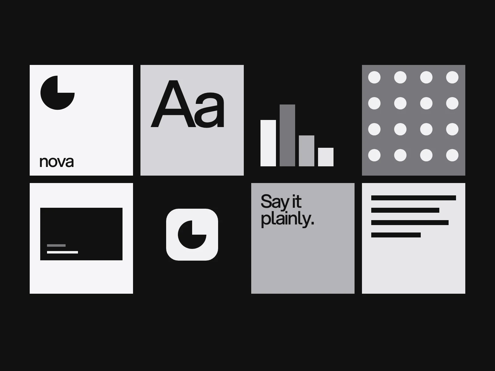 A grid of eight identity pieces: logo, type, colour, pattern, business card, app icon, voice and layout.