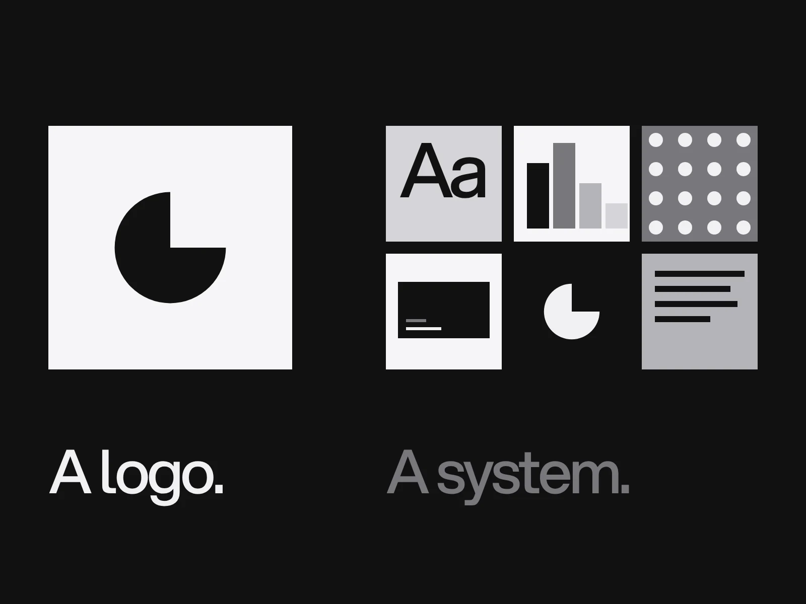 A single logo mark beside a set of identity pieces: type, colour, pattern, card, icon and text