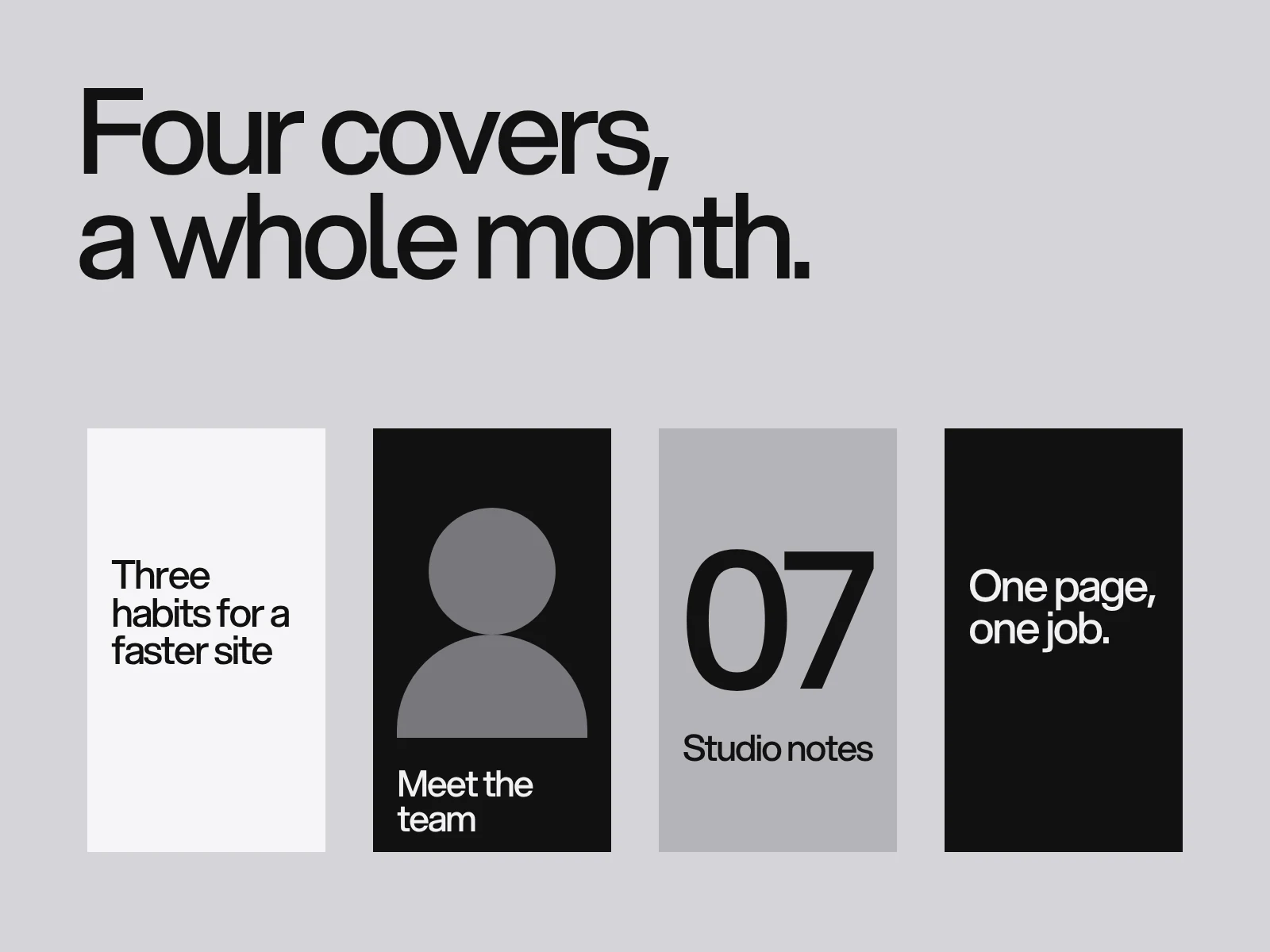 Four vertical covers: a title cover, a face cover, a series cover with a number and a quote cover.