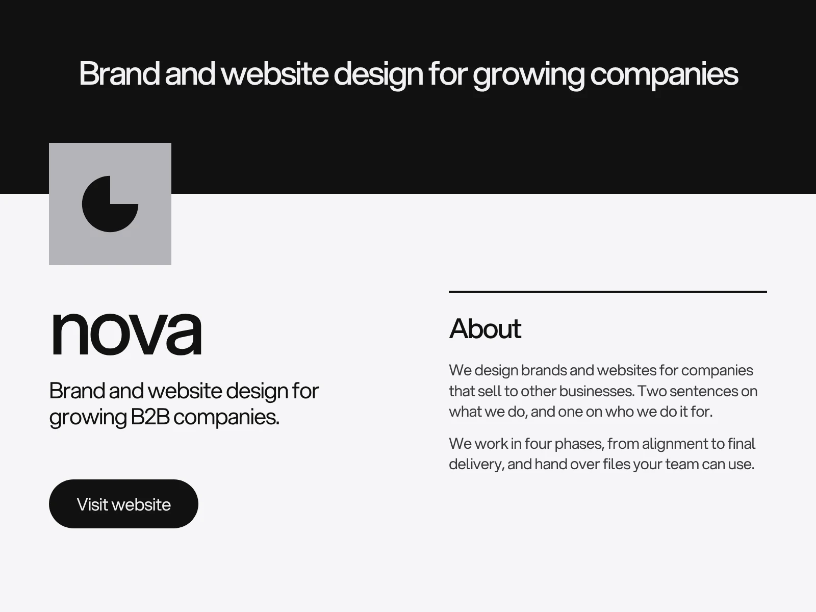 A company page layout with a wide banner, a square logo, a tagline, an About section and a button, with notes beside each part