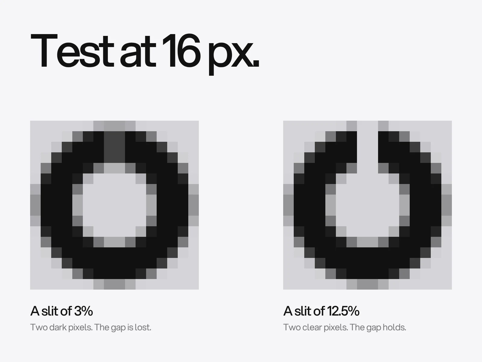 A ring mark drawn at 16 pixels and enlarged, once with a thin slit that fades into the ring and once with a slit of one eighth of its width that stays clear.