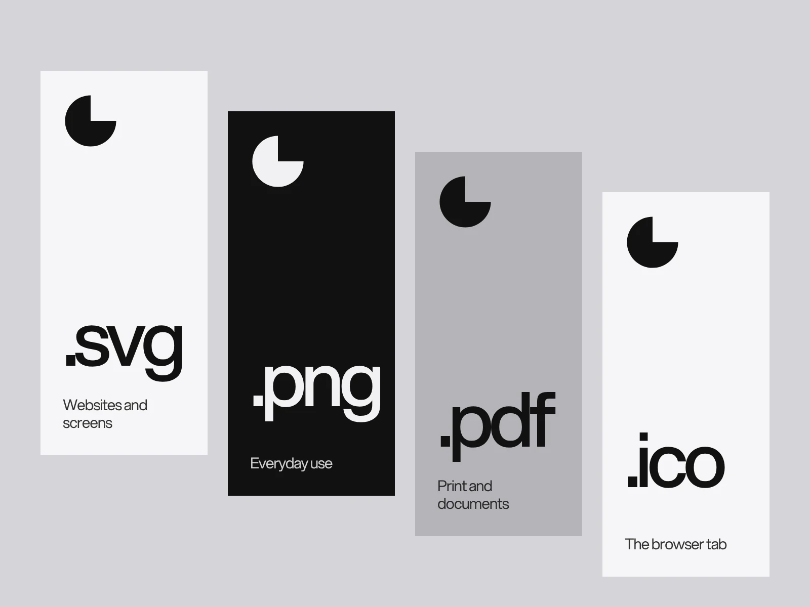 Four file cards for a logo, svg, png, pdf and ico, each with what it is used for