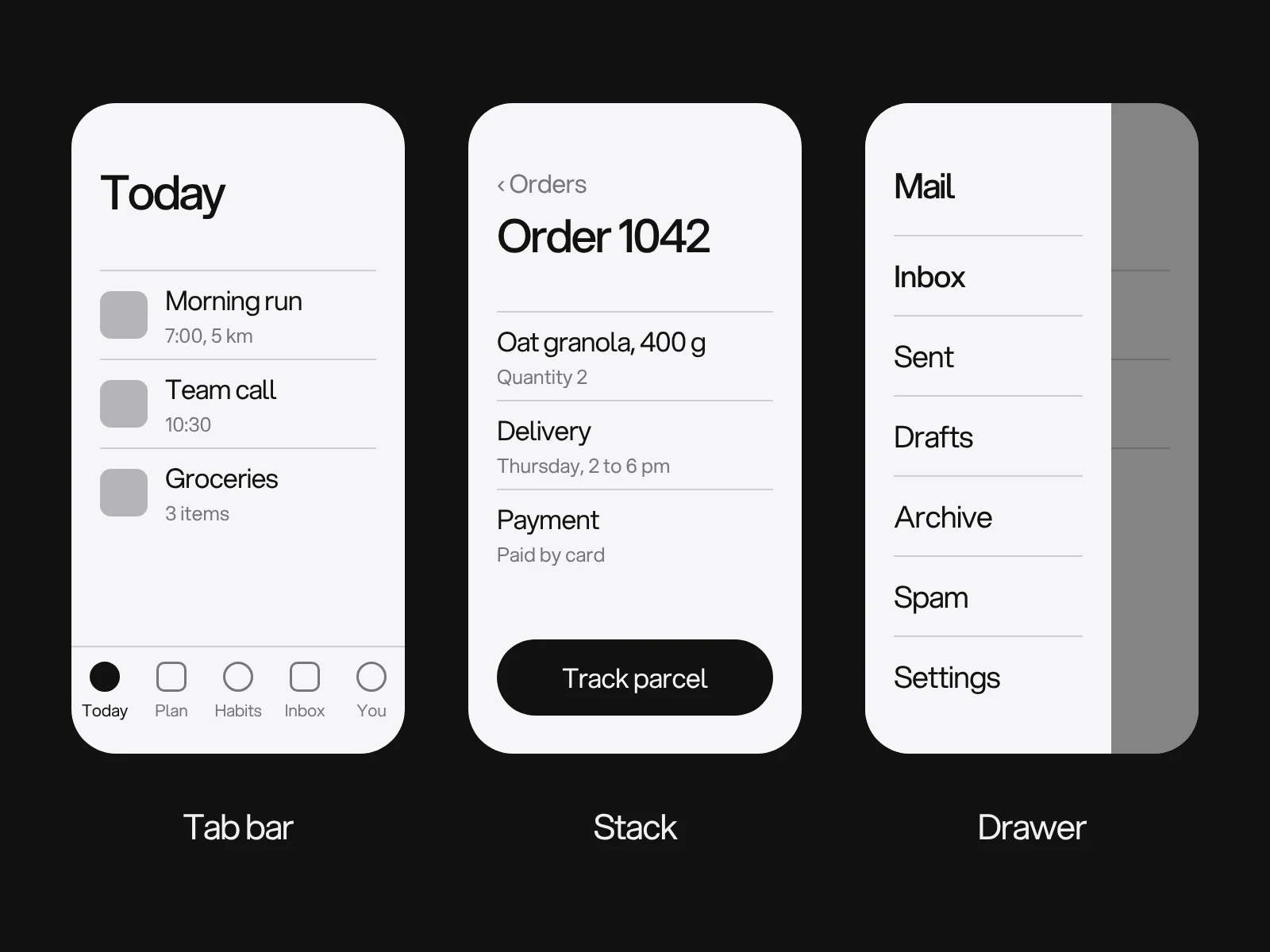 Three phone screens side by side: a task list with a five item tab bar, an order detail screen with a back link and a button, and a mail list with a drawer open
