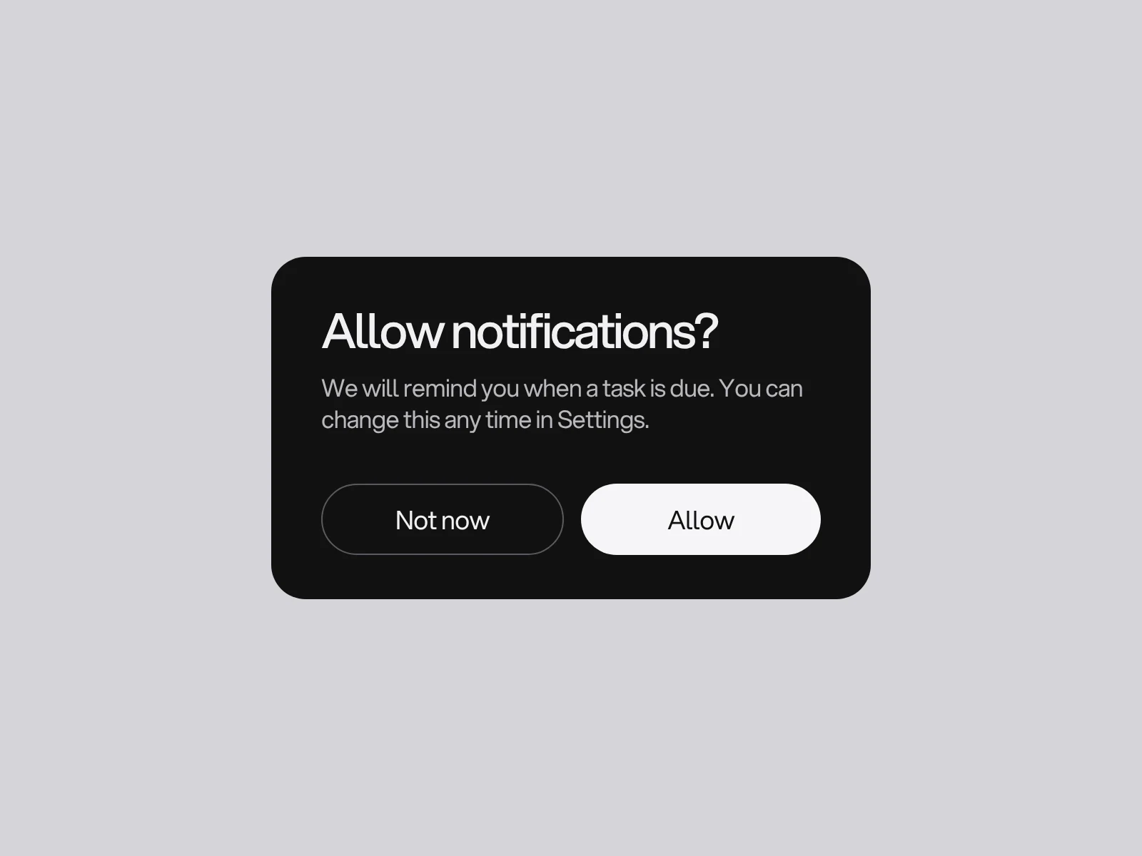 A dialog asking Allow notifications, with the text We will remind you when a task is due, and the buttons Not now and Allow.