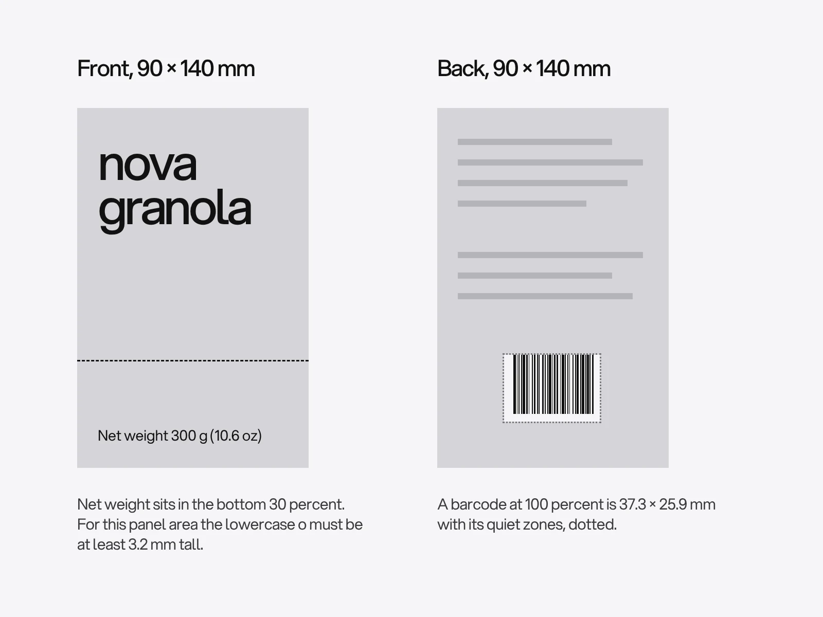 The front and back panels of a 90 by 140 millimetre carton drawn to scale, with the net weight band on the front and a barcode at 100 percent on the back.