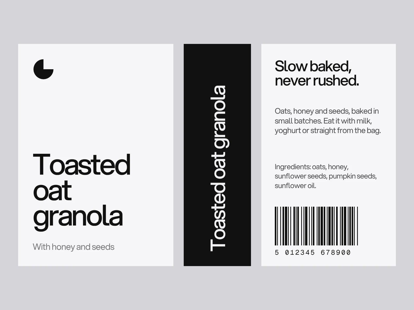 The front, side and back panels of a granola pack: a large product name on the front, a vertical name on the side and a short story, ingredients and barcode on the back