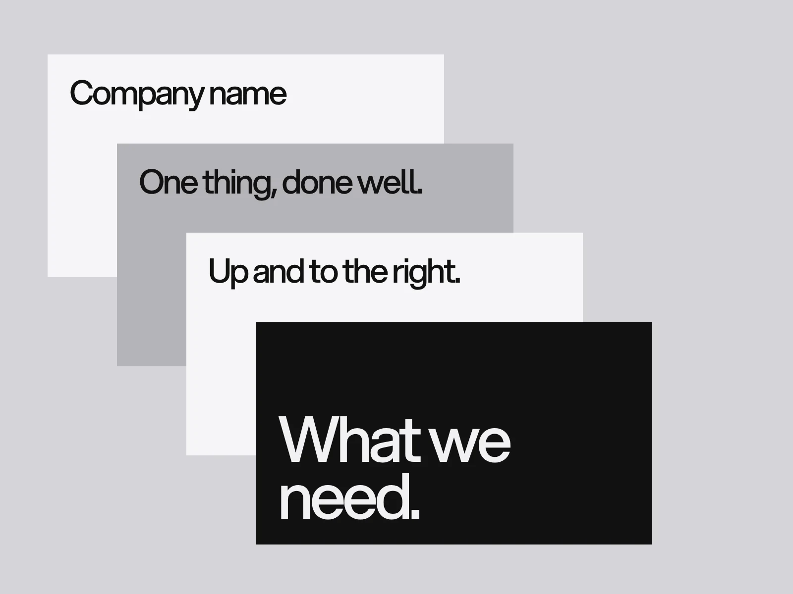 Four pitch deck slides stacked in a cascade, from the cover to the ask