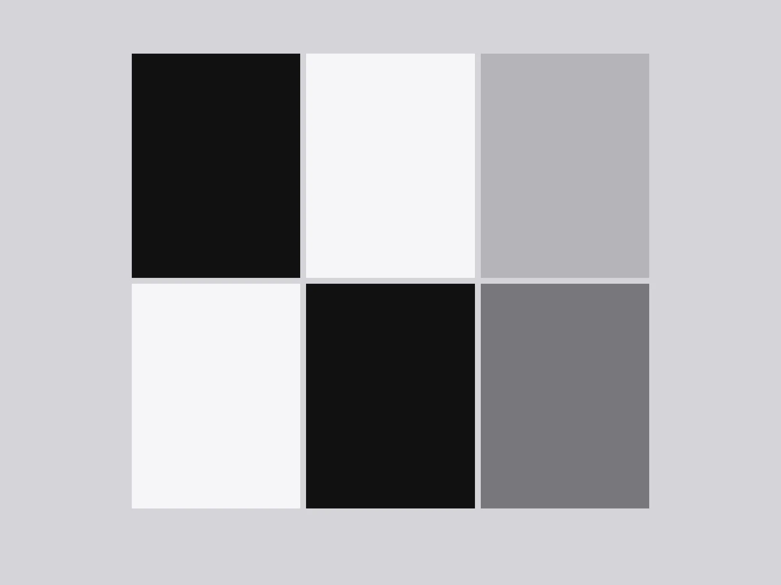 A three column grid of 3:4 tiles in a consistent rhythm of dark, light and grey.