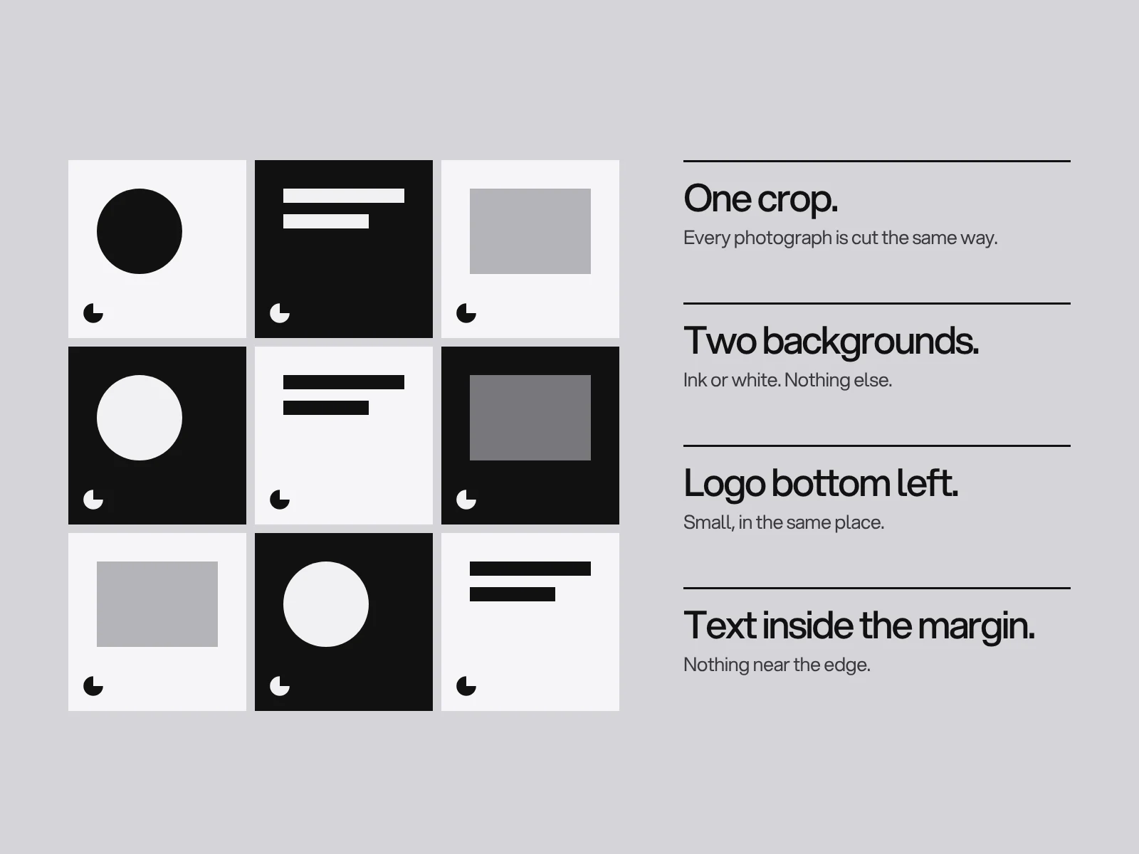 A feed grid with a rules sheet beside it: one crop, two background colours, logo bottom left, text inside the margin.