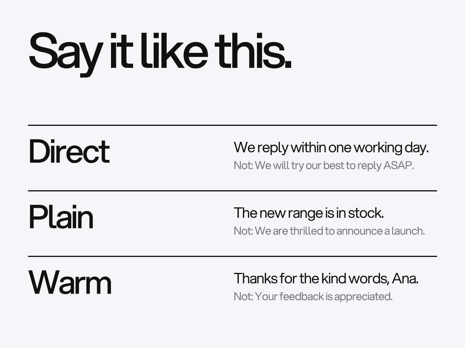 A short list of social media rules on a grey ground: voice, images, captions, hashtags, replies and approval