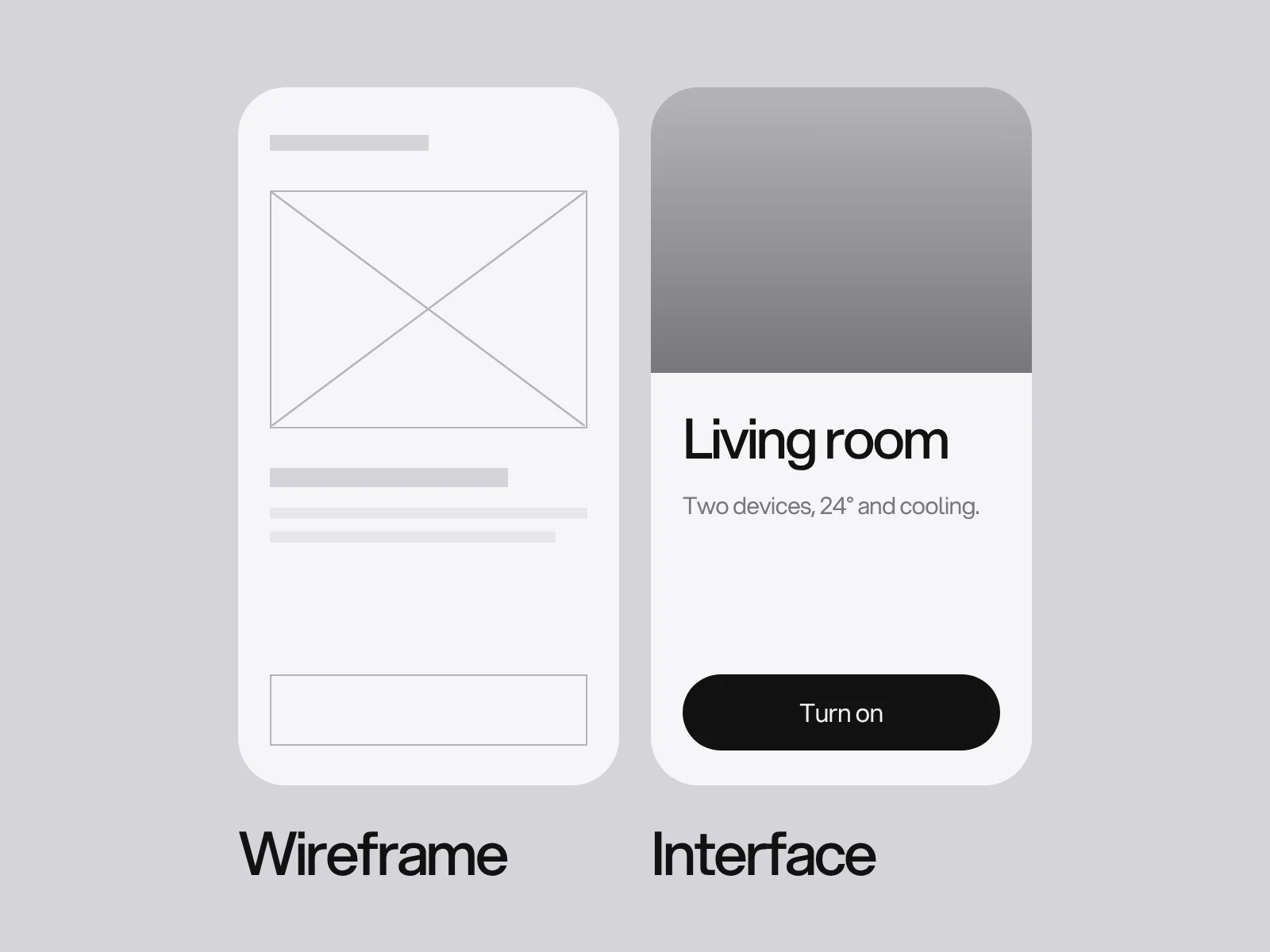Two phone screens: a grey wireframe and the same screen as a finished interface.