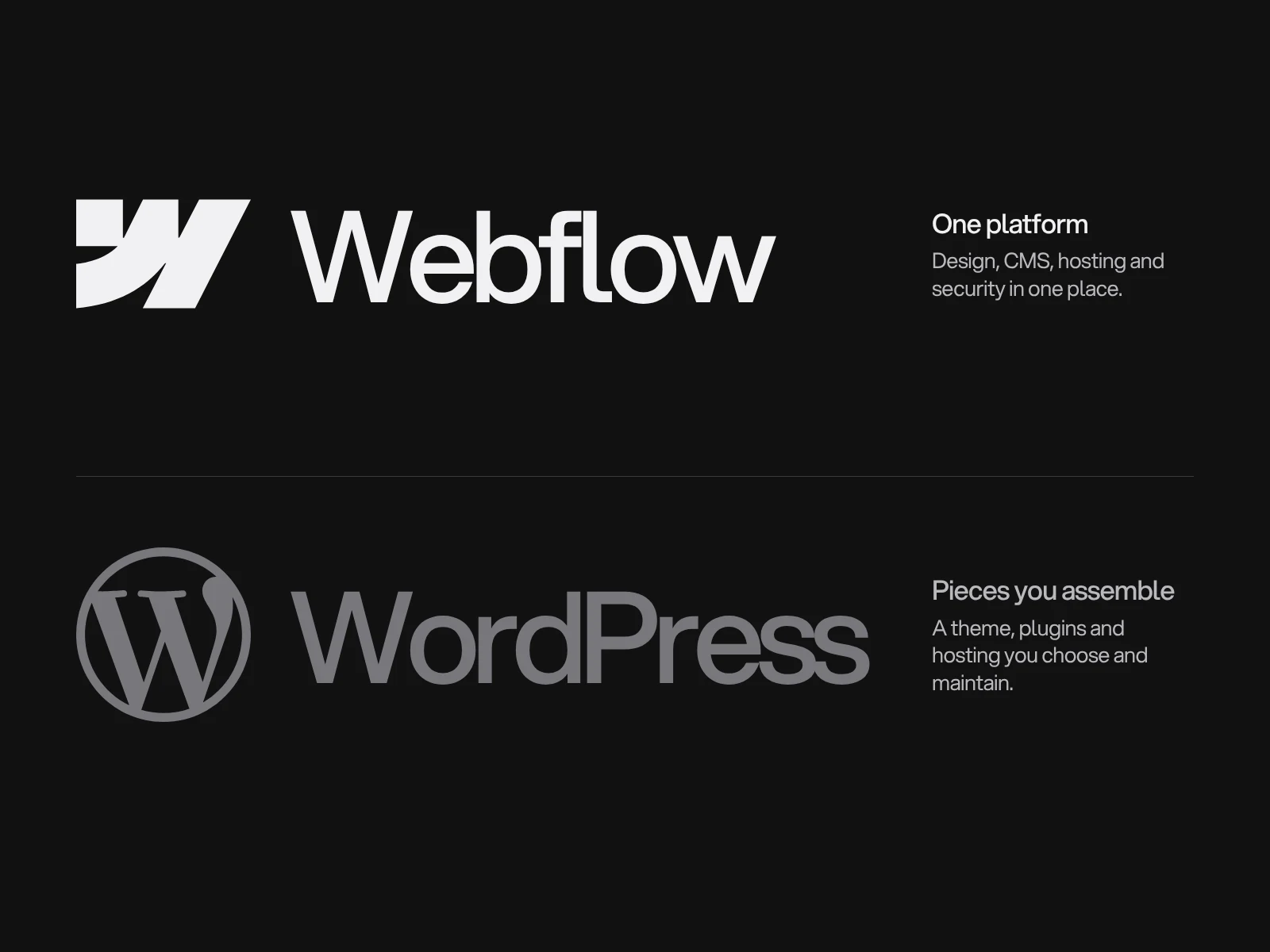 The Webflow and WordPress logos, each beside its name, with Webflow as one platform and WordPress as pieces you assemble
