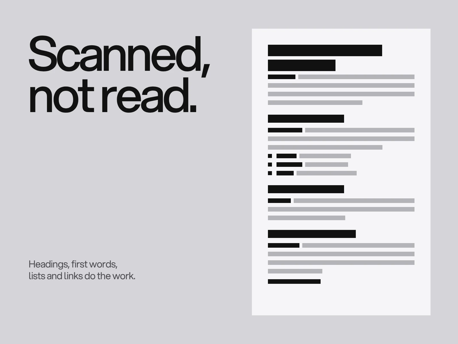 A page drawn as bars, with the headings and first words in black and the rest of the text in grey.